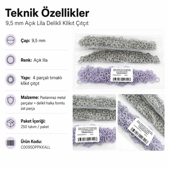 Bebe Çıtçıtı 9,5 mm Açık Lila Renk Paslanmaz Delikli Klikıt Çıtçıt 250 Adet/Pk - Bebek giyim ve çocuk giyimde kullanıma