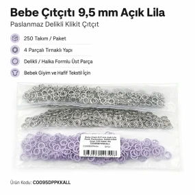 Bebe Çıtçıtı 9,5 mm Açık Lila Renk Paslanmaz Delikli Klikıt Çıtçıt 250 Adet/Pk C0095DPPKKALL