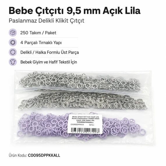 Bebe Çıtçıtı 9,5 mm Açık Lila Renk Paslanmaz Delikli Klikıt Çıtçıt 250 Adet/Pk C0095DPPKKALL