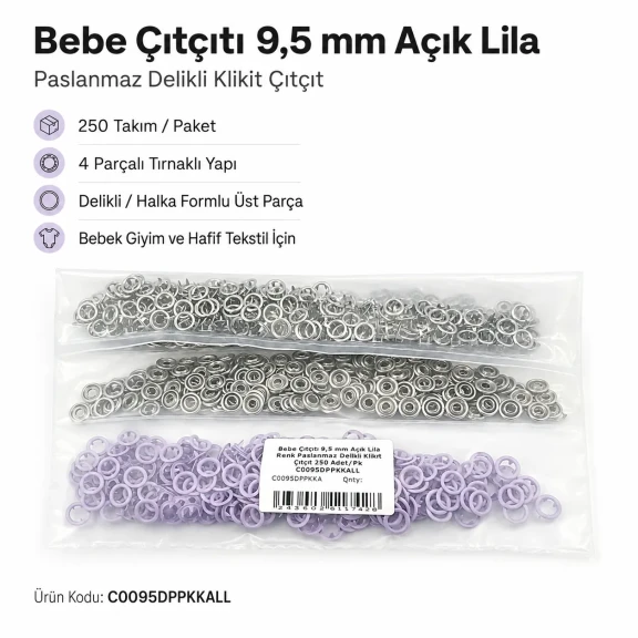 Bebe Çıtçıtı 9,5 mm Açık Lila Renk Paslanmaz Delikli Klikıt Çıtçıt 250 Adet/Pk - Bebek giyim ve çocuk giyimde kullanıma