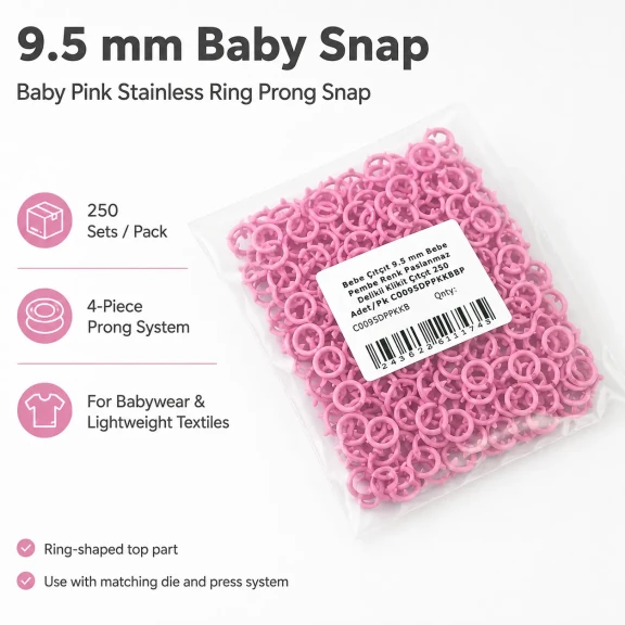 9.5 mm / 0.37 in Baby Pink Stainless Eyelet-Style Klıkit Baby Snap Fastener for children's clothing and light textile