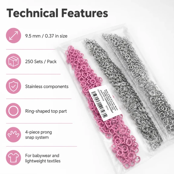 9.5 mm / 0.37 in Baby Pink Stainless Eyelet-Style Klıkit Baby Snap Fastener for children's clothing and light textile
