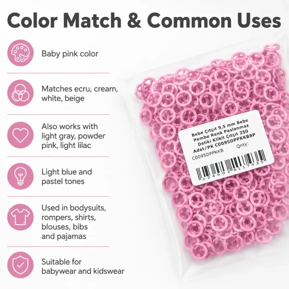9.5 mm / 0.37 in Baby Pink Stainless Eyelet-Style Klıkit Baby Snap Fastener for children's clothing and light textile