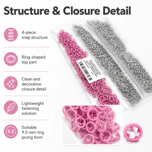 9.5 mm / 0.37 in Baby Pink Stainless Eyelet-Style Klıkit Baby Snap Fastener for children's clothing and light textile