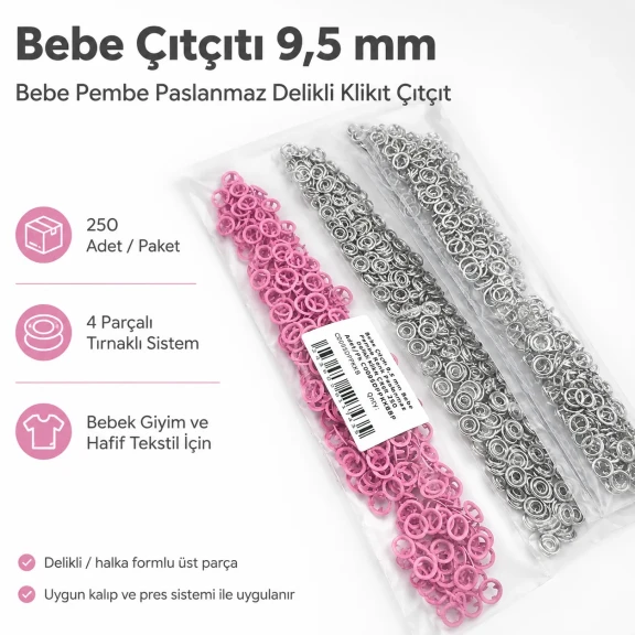 9.5 mm / 0.37 in Baby Pink Stainless Eyelet-Style Klıkit Baby Snap Fastener for children's clothing and light textile