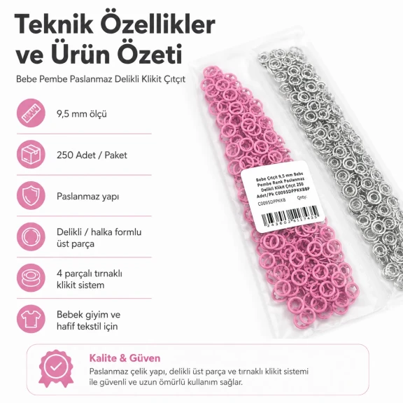 9.5 mm / 0.37 in Baby Pink Stainless Eyelet-Style Klıkit Baby Snap Fastener for children's clothing and light textile