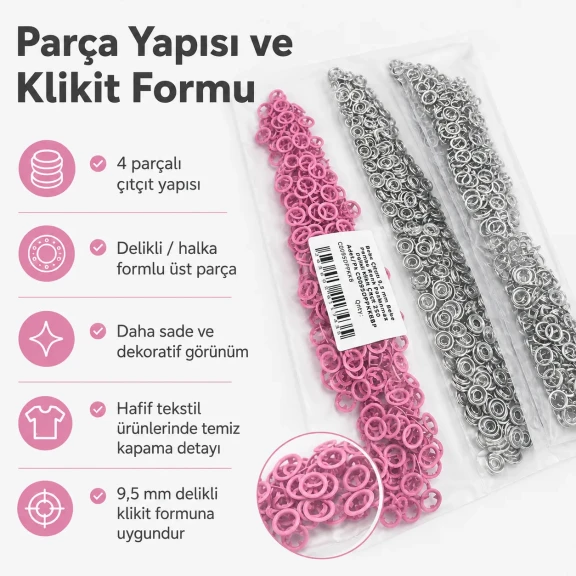 9.5 mm / 0.37 in Baby Pink Stainless Eyelet-Style Klıkit Baby Snap Fastener for children's clothing and light textile