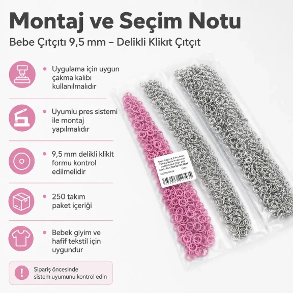 9.5 mm / 0.37 in Baby Pink Stainless Eyelet-Style Klıkit Baby Snap Fastener for children's clothing and light textile