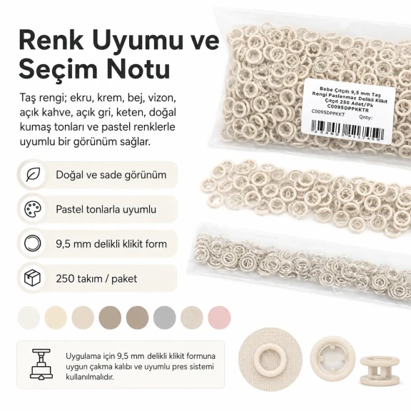 Bebe Çıtçıtı 9,5 mm Taş Rengi Paslanmaz Delikli Klikıt Çıtçıt - 250 Adet/Pk, bebek giyim ve çocuk giyimde kullanılmak üzere