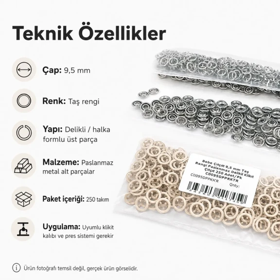 Bebe Çıtçıtı 9,5 mm Taş Rengi Paslanmaz Delikli Klikıt Çıtçıt - 250 Adet/Pk, bebek giyim ve çocuk giyimde kullanılmak üzere