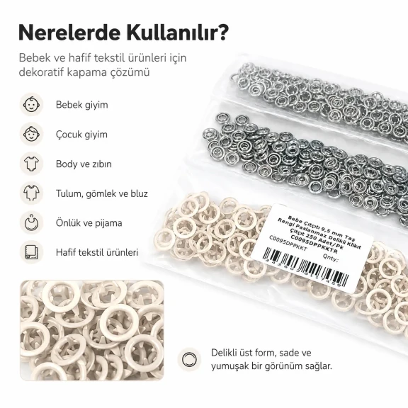 Bebe Çıtçıtı 9,5 mm Taş Rengi Paslanmaz Delikli Klikıt Çıtçıt - 250 Adet/Pk, bebek giyim ve çocuk giyimde kullanılmak üzere