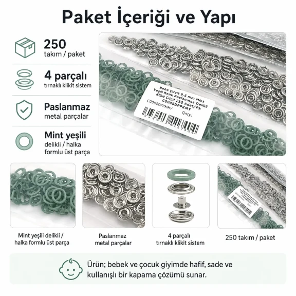 Bebe Çıtçıtı 9,5 mm Mint Yeşili Renk Paslanmaz Delikli Klikıt Çıtçıt 250 Adet/Pk C0095DPPKMY