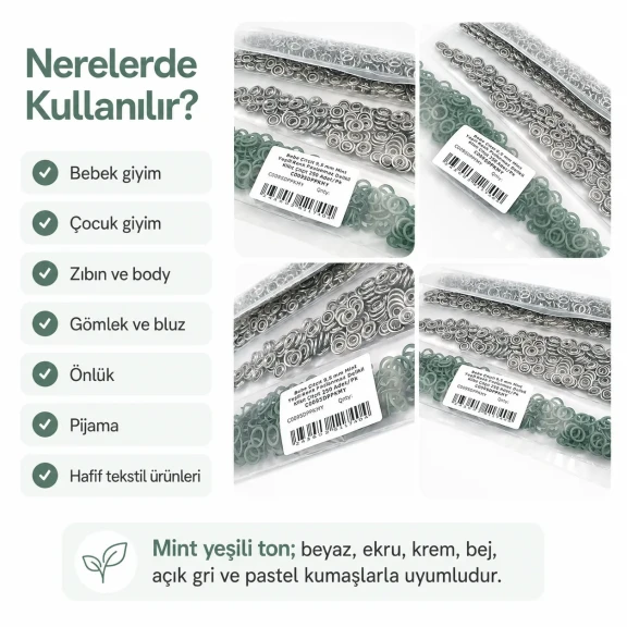 Bebe Çıtçıtı 9,5 mm Mint Yeşili Renk Paslanmaz Delikli Klikıt Çıtçıt 250 Adet/Pk C0095DPPKMY