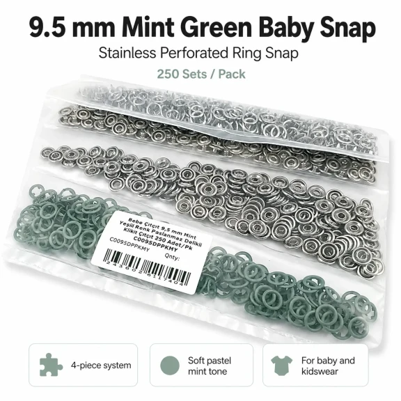 Bebe Çıtçıtı 9,5 mm Mint Yeşili Renk Paslanmaz Delikli Klikıt Çıtçıt 250 Adet/Pk C0095DPPKMY