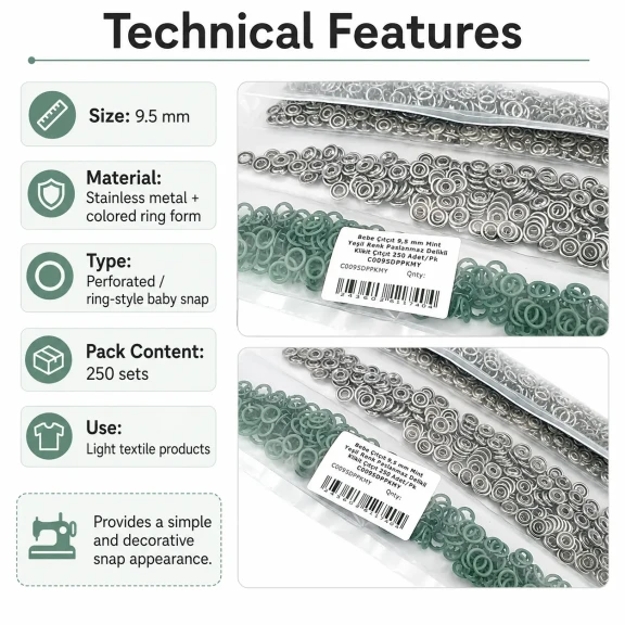 Bebe Çıtçıtı 9,5 mm Mint Yeşili Renk Paslanmaz Delikli Klikıt Çıtçıt 250 Adet/Pk C0095DPPKMY