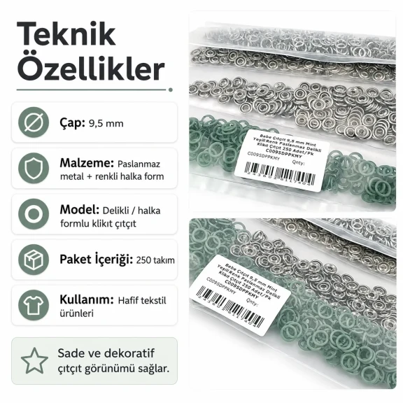 Bebe Çıtçıtı 9,5 mm Mint Yeşili Renk Paslanmaz Delikli Klikıt Çıtçıt 250 Adet/Pk C0095DPPKMY