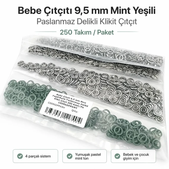 Bebe Çıtçıtı 9,5 mm Mint Yeşili Renk Paslanmaz Delikli Klikıt Çıtçıt 250 Adet/Pk C0095DPPKMY