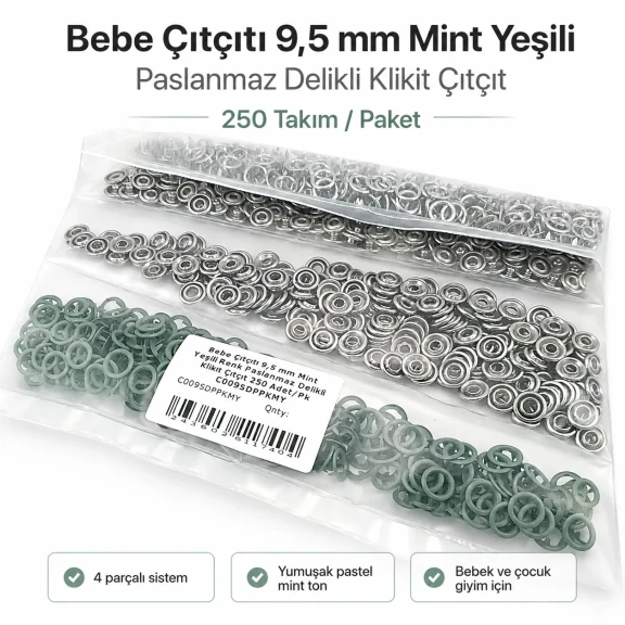 Bebe Çıtçıtı 9,5 mm Mint Yeşili Renk Paslanmaz Delikli Klikıt Çıtçıt 250 Adet/Pk C0095DPPKMY