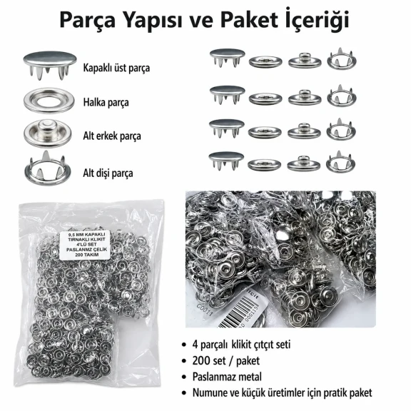 Bebe Çıtçıtı 9,5 mm Paslanmaz Kapaklı Klikıt Çıtçıt - 200 Adet/Paket