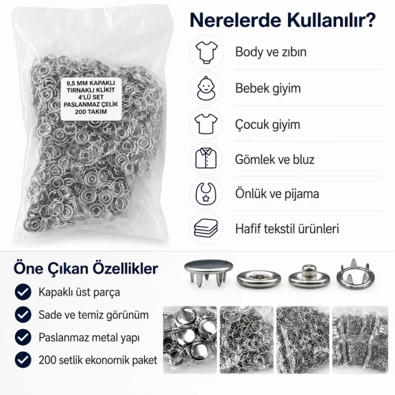 Bebe Çıtçıtı 9,5 mm Paslanmaz Kapaklı Klikıt Çıtçıt - 200 Adet/Paket