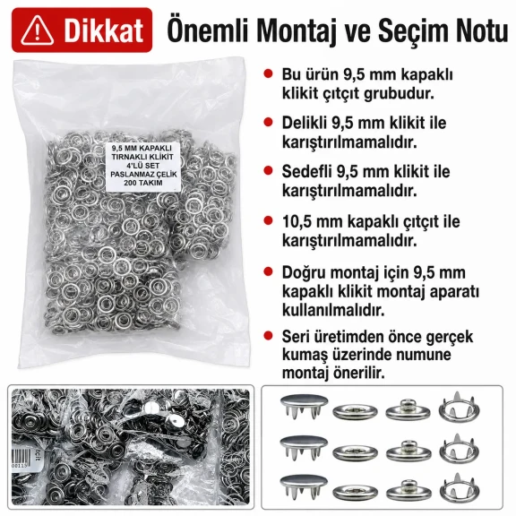 Bebe Çıtçıtı 9,5 mm Paslanmaz Kapaklı Klikıt Çıtçıt - 200 Adet/Paket