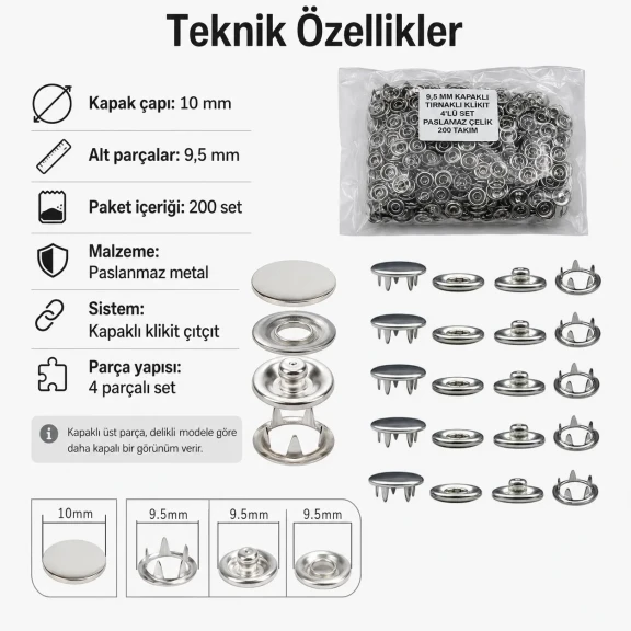 Bebe Çıtçıtı 9,5 mm Paslanmaz Kapaklı Klikıt Çıtçıt - 200 Adet/Paket
