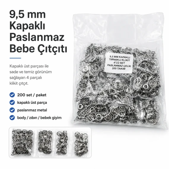 Bebe Çıtçıtı 9,5 mm Paslanmaz Kapaklı Klikıt Çıtçıt 200 Adet/Pk C0095KPPK
