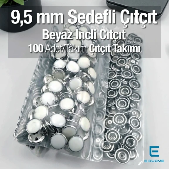 Bebe Çıtçıtı 9,5 mm Beyaz Sedefli Paslanmaz Klikıt Çıtçıt 100 Adet/Paket – C0095SPPKWHT