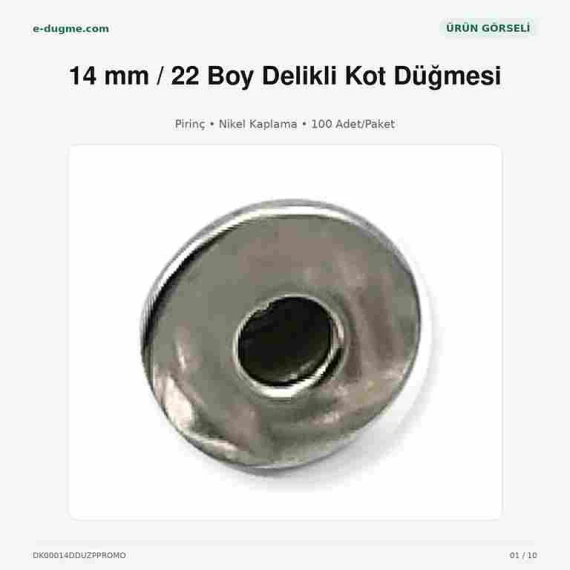 14 mm Delikli Kot Düğmesi Nikel Sabit Çanaklı 100 Adet/Paket DK00014DDUZPPROMO