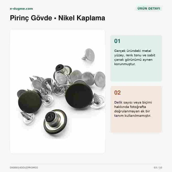 14 mm Delikli Nikel Kot Düğmesi, 100 Adet/Paket, Pirinç Malzeme, Gümüş Renkli Metal Görünümü