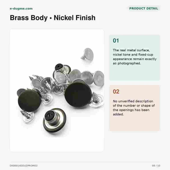 14 mm Delikli Nikel Kot Düğmesi, 100 Adet/Paket, Pirinç Malzeme, Gümüş Renkli Metal Görünümü