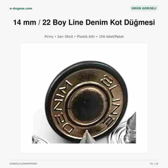 14 mm Line Denim Sarı Oksit Kot Düğmesi, plastik altlı ve 100 adet paket içeriği ile denim ürünlerde kullanıma uygun