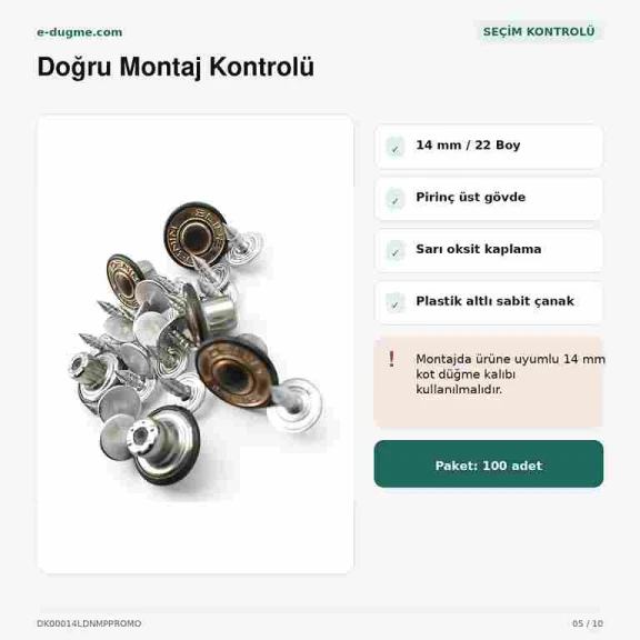 14 mm Line Denim Sarı Oksit Kot Düğmesi, plastik altlı ve 100 adet paket içeriği ile denim ürünlerde kullanıma uygun