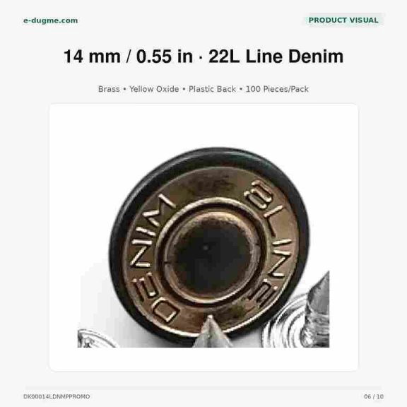 14 mm Line Denim Sarı Oksit Kot Düğmesi, plastik altlı ve 100 adet paket içeriği ile denim ürünlerde kullanıma uygun