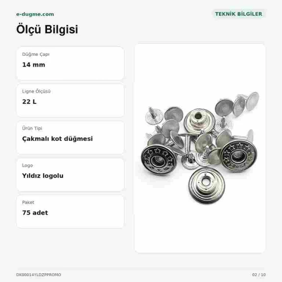 14 mm Yıldız Logolu Nikel Kot Düğmesi, 75 Adet/Paket, Denim Aksesuar