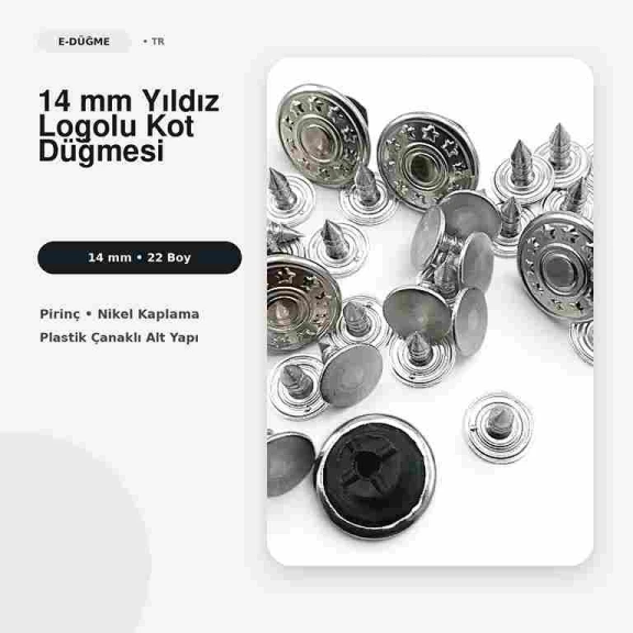 14 mm Yıldız Logolu Nikel Kot Düğmesi, 22 L, Pirinç ve Plastik Çanaklı, 75 Adet Paket
