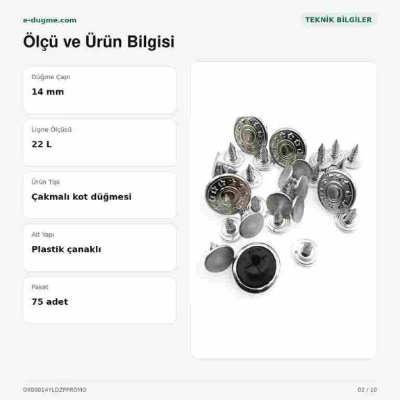 14 mm Yıldız Logolu Nikel Kot Düğmesi, 22 L, Pirinç ve Plastik Çanaklı, 75 Adet Paket