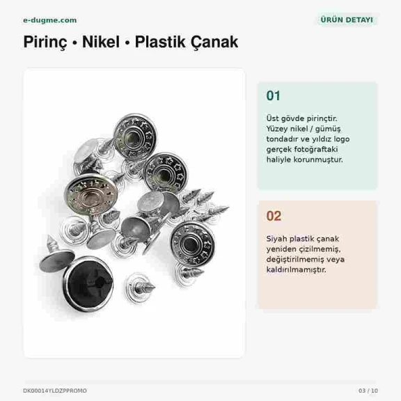 14 mm Yıldız Logolu Nikel Kot Düğmesi, 22 L, Pirinç ve Plastik Çanaklı, 75 Adet Paket