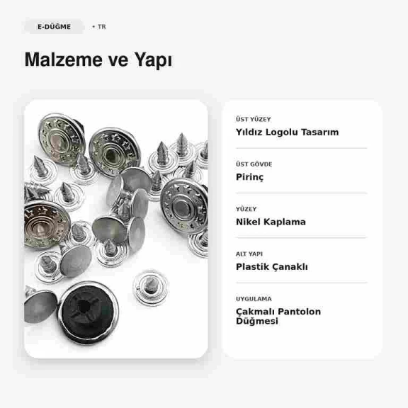 14 mm Yıldız Logolu Nikel Kot Düğmesi, 22 L, Pirinç ve Plastik Çanaklı, 75 Adet Paket