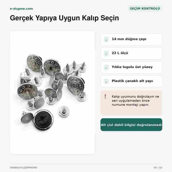 14 mm Yıldız Logolu Nikel Kot Düğmesi, 22 L, Pirinç ve Plastik Çanaklı, 75 Adet Paket