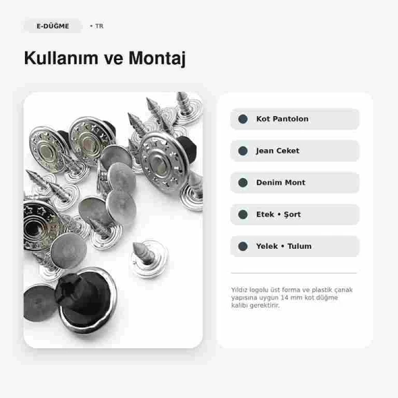 14 mm Yıldız Logolu Nikel Kot Düğmesi, 22 L, Pirinç ve Plastik Çanaklı, 75 Adet Paket