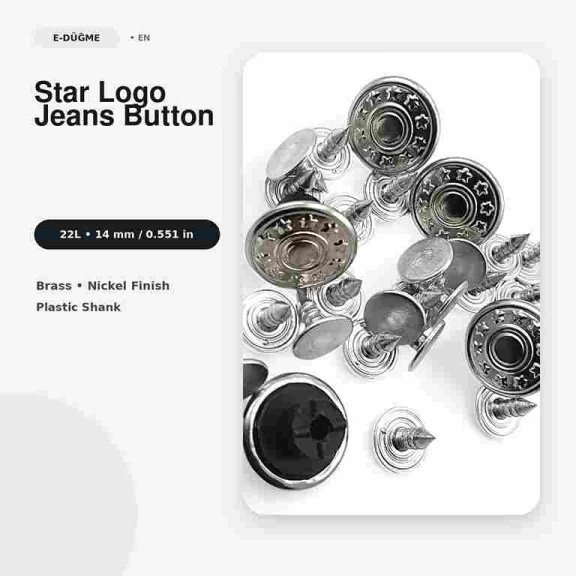 14 mm Yıldız Logolu Nikel Kot Düğmesi, 22 L, Pirinç ve Plastik Çanaklı, 75 Adet Paket
