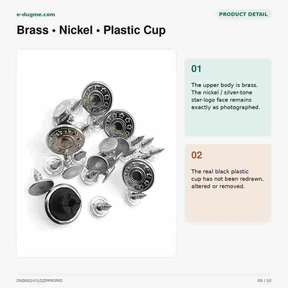 14 mm Yıldız Logolu Nikel Kot Düğmesi, 22 L, Pirinç ve Plastik Çanaklı, 75 Adet Paket