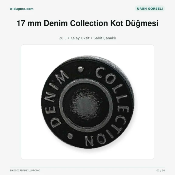 17 mm / 28 L Denim Collection logolu alüminyum kot düğmesi, kalay oksit kaplama, 100 adet paket, denim pantolon ve ceketler