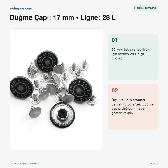 17 mm / 28 L Denim Collection logolu alüminyum kot düğmesi, kalay oksit kaplama, 100 adet paket, denim pantolon ve ceketler