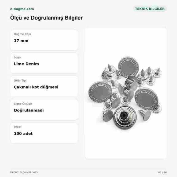 17 mm Lime Denim Logolu Kalay Renk Kot Düğmesi, 100 Adet/Paket, Dayanıklı Bakır Oksit Kaplama ile Estetik ve Uzun Ömürlü