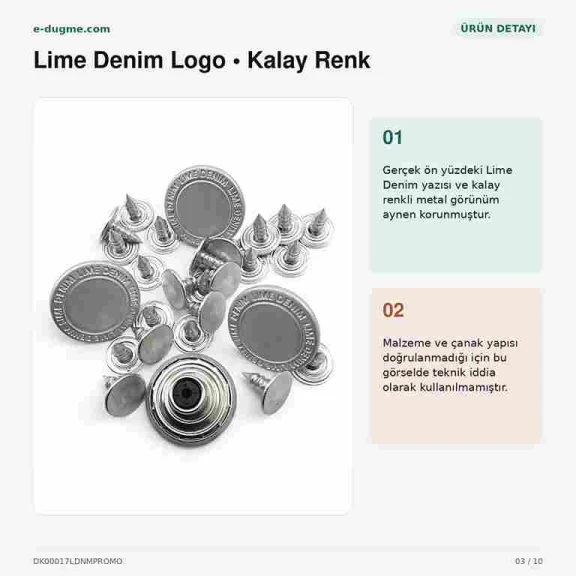 17 mm Lime Denim Logolu Kalay Renk Kot Düğmesi, 100 Adet/Paket, Dayanıklı Bakır Oksit Kaplama ile Estetik ve Uzun Ömürlü