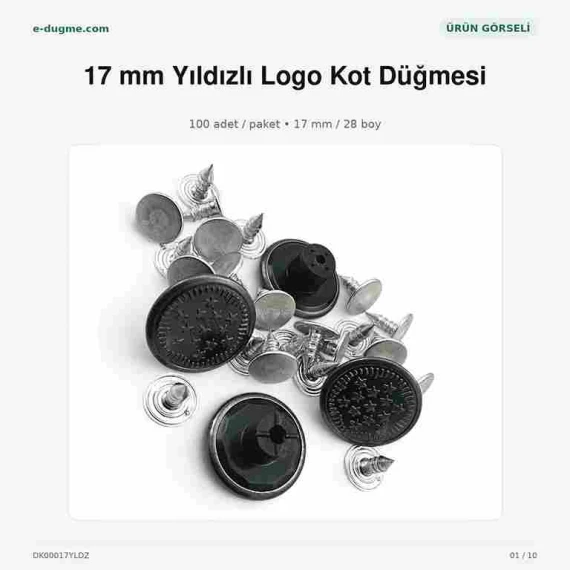17 mm Kot Düğmesi Yıldızlı Logo Plastik Çanaklı 100 Adet/Paket DK00017YLDZ