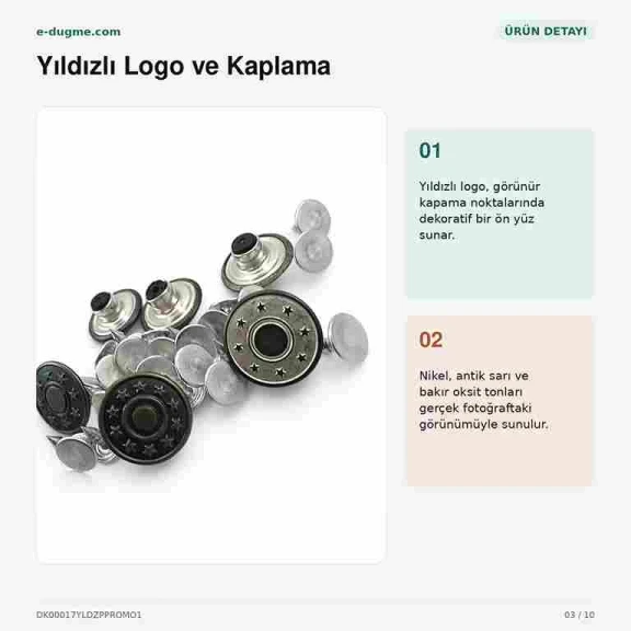 17 mm yıldızlı logo kot düğmesi, çakmalı pantolon düğmesi, denim ürünleri için ideal aksesuar