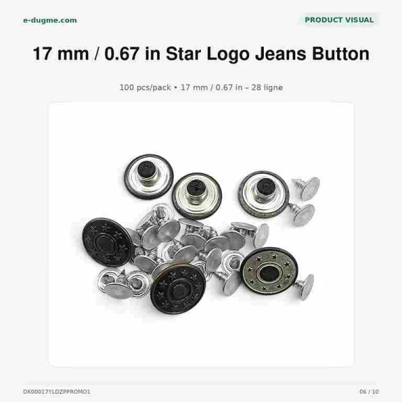 17 mm yıldızlı logo kot düğmesi, çakmalı pantolon düğmesi, denim ürünleri için ideal aksesuar